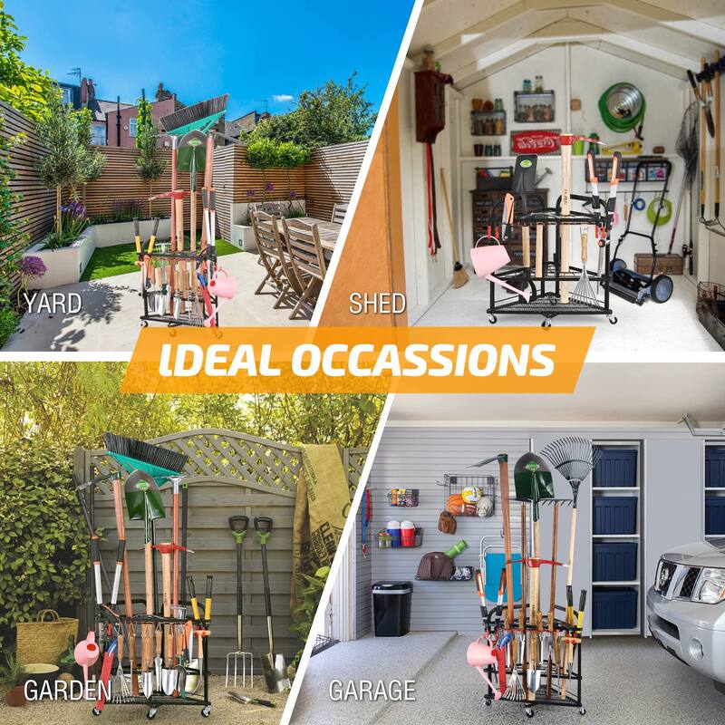 Rolling Yard Tool Storage Rack with 31 Slots for Shed and Garden