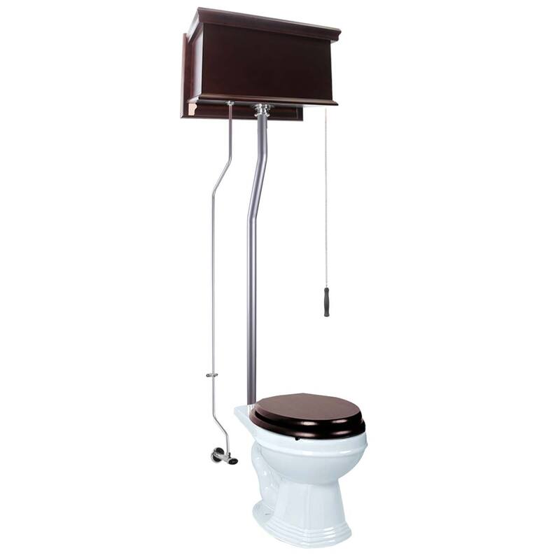 Mahogany Wooden High Tank Toilet Raised Tank, White Round Bowl and Brass L Pipe