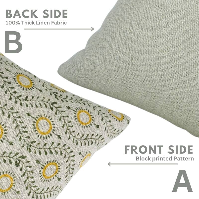 Fabdivine Block Print Accent Pillowcase Heavy Linen for Bed or Couch Floral Home Fall or Farmhouse Décor Boho Yellow, Lehar