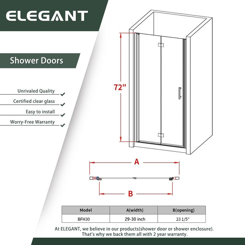 Elegant Bi-Fold Frameless Pivot Swing Shower Door Enclosure with Clear Glass Panel and Hardware Kit