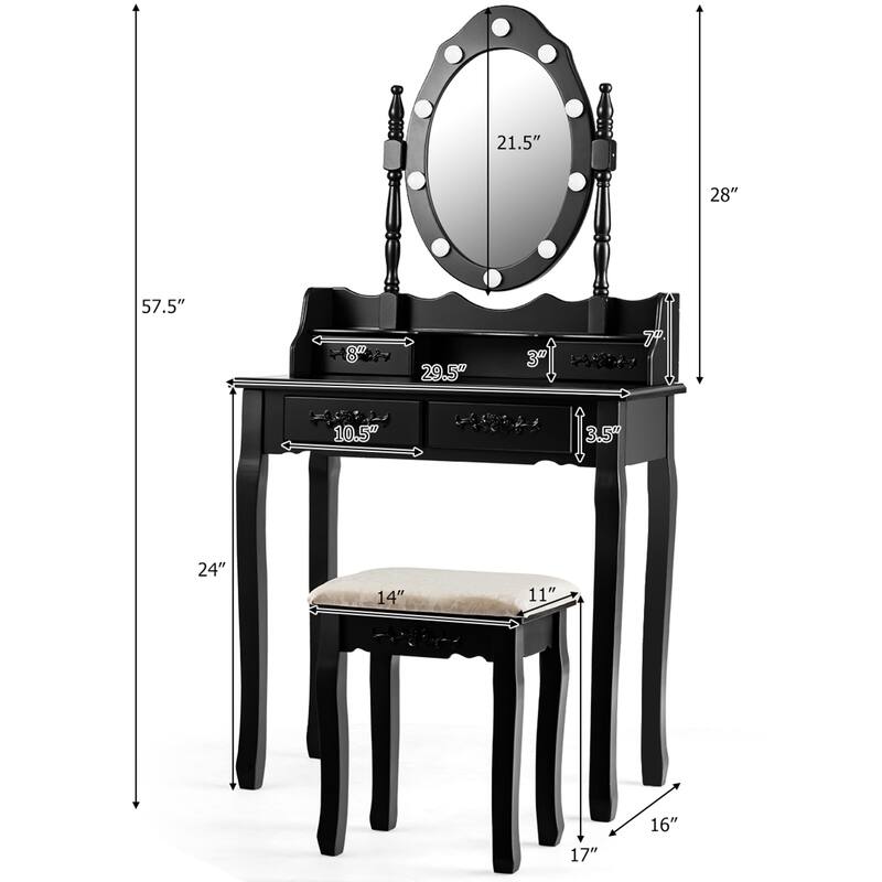 Gymax Makeup Vanity Dressing Table Set w/10 Dimmable Bulbs Cushioned - See Details