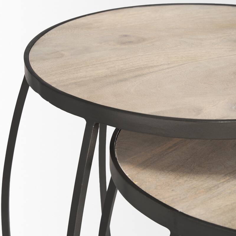Clapp Round Light Brown W/ White Wash Wood and Silver Metal Nesting Accent Tables (Set of 2) - 22.0L x 22.0W x 26.0H