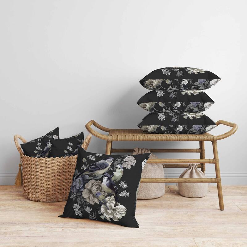 Petal Perched Birds Faux Suede Reversible Throw Pillow Black and Grey