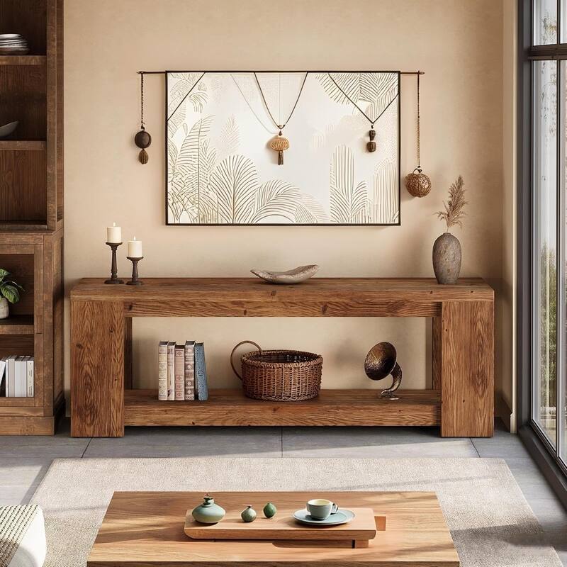 63" Solid Wood Console Table with Open Shelves, Entryway Accent Table for Entrance Living Room