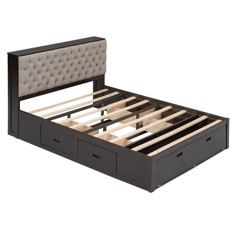 Espresso Queen Size Wood Platform Bed with Storage Headboard, Shoe Rack and 4 Drawers