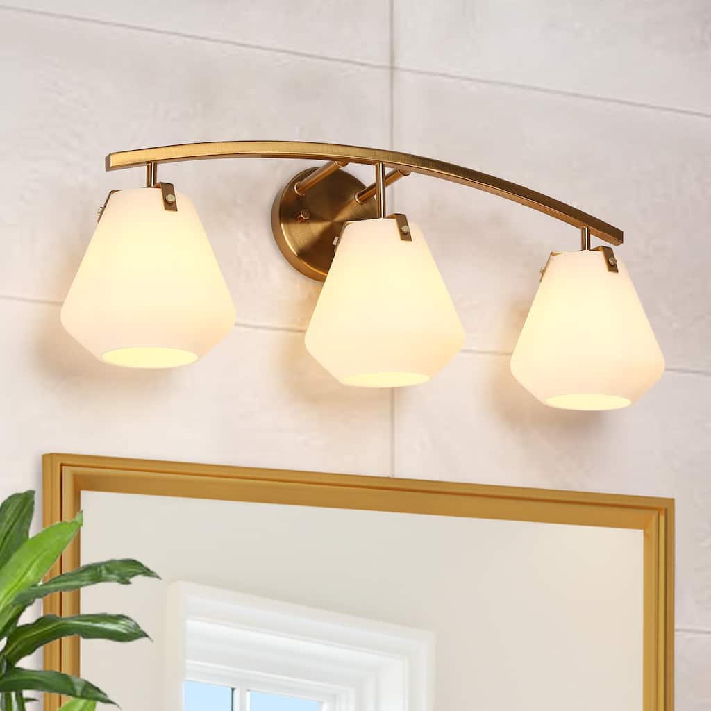 Vaba Modern 3-Light Gold Bathroom Vanity Lights Opal Glass Wall Sconces - Opaline&Brass - 25"L*8.1"W*9.1"H