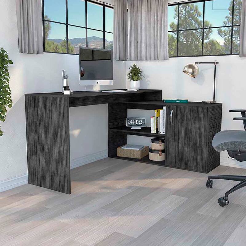 Spacious L-Shaped Desk with Open Shelves and Cabinet for Office Storage and Maximum Workspace Utilization