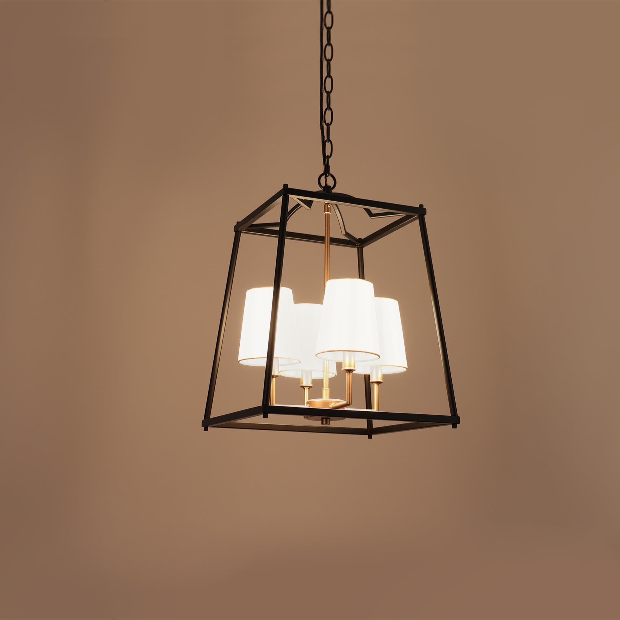 Modern Farmhouse 4-Light Black Gold Geometric Chandelier Metal Pendant Lights with Fabric Shades - 14
