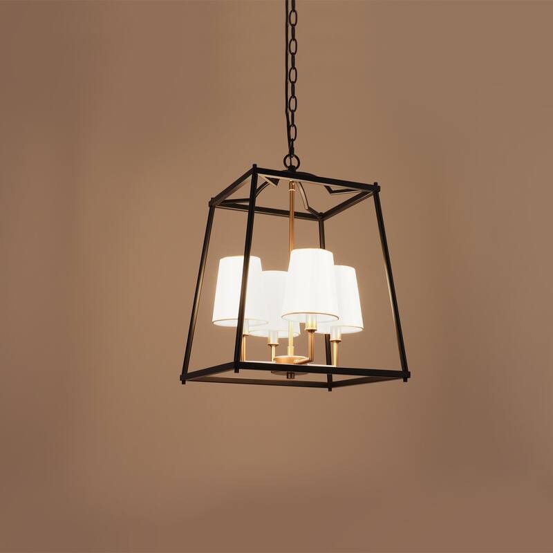 Modern Farmhouse 4-Light Black Gold Geometric Chandelier Metal Pendant Lights with Fabric Shades - 14" L x 14" W x 19" H