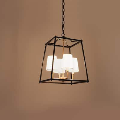 Modern Farmhouse 4-Light Black Gold Geometric Chandelier Metal Pendant Lights with Fabric Shades - 14" L x 14" W x 19" H