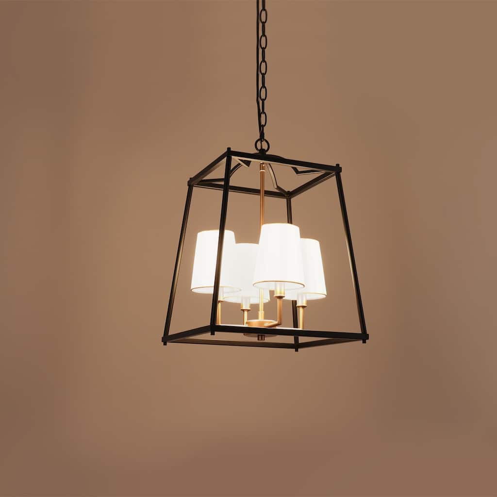 Modern Farmhouse 4-Light Black Gold Geometric Chandelier Metal Pendant Lights with Fabric Shades - 14" L x 14" W x 19" H