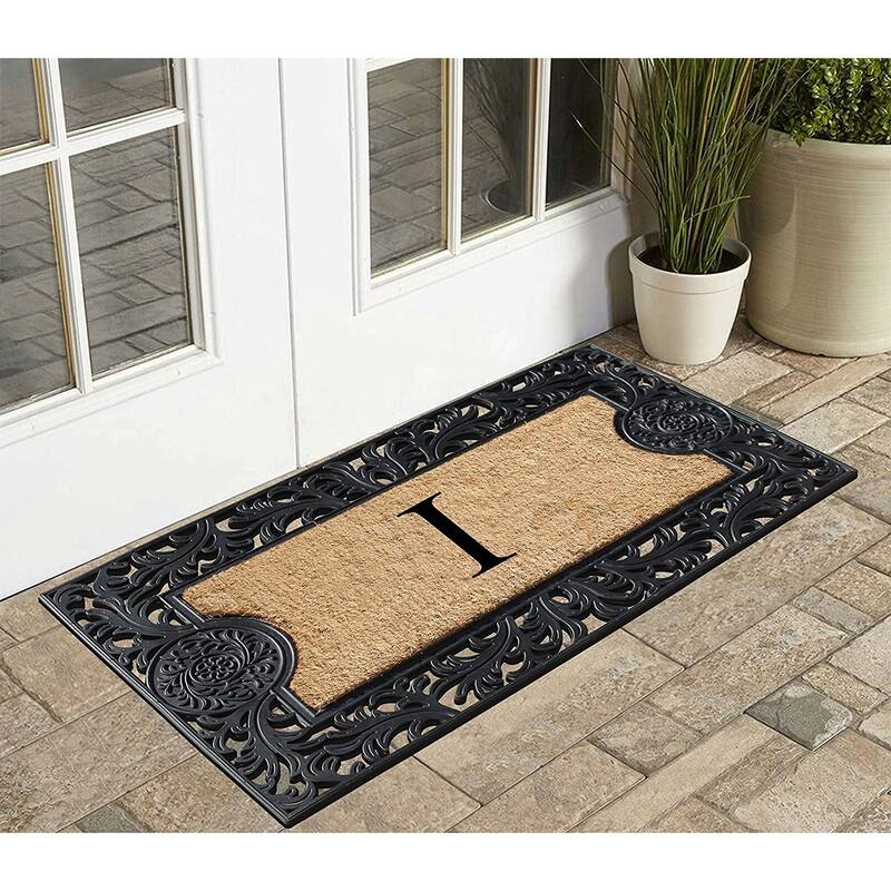 A1HC Floral Border Rubber and Coir Large Outdoor Durable Monogrammed Doormat, Black - 23" X 38"
