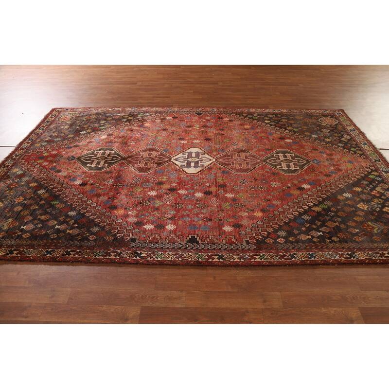 Vegetable Dye Shiraz Persian Vintage Area Rug Hand-Knotted Wool Carpet - 6'0"x 9'11"