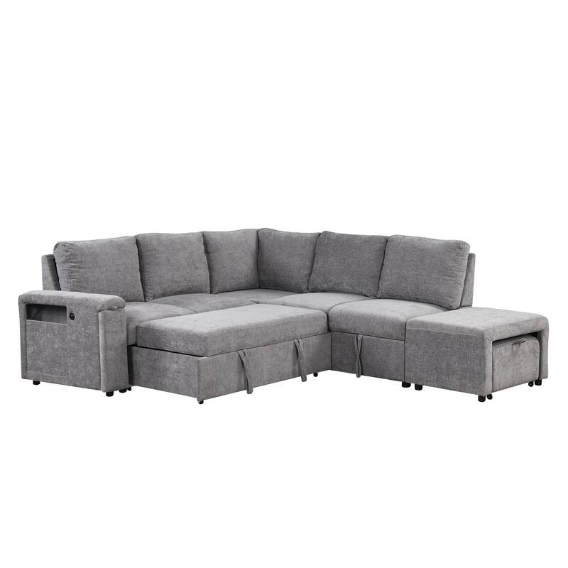 Gray L-shaped Convertible Sofa with Storage Space, USB Ports, and Cup Holders on the Armrests for Living Rooms