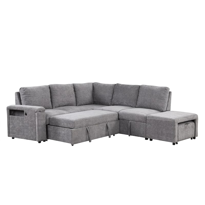 Grey 90.6'' L-Shaped 6-Seat Modular Sofa with Built-In Storage and USB Ports