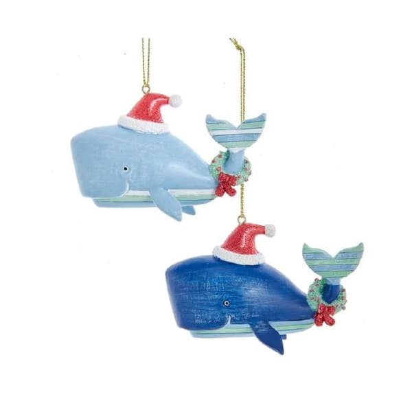 Whimsical Blue Striped Whales with Wreaths Christmas Holiday Ornaments