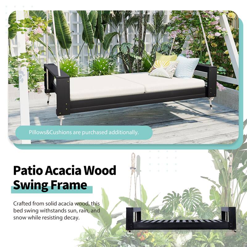 Twin Size Patio Acacia Wood Swing Frame with Hemp Ropes