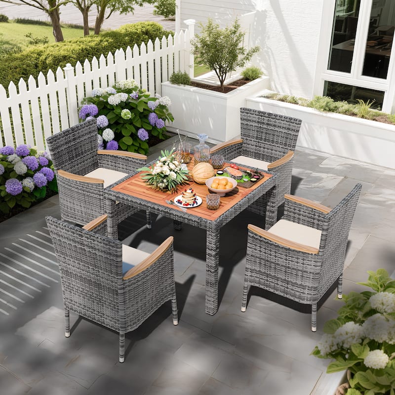 5-Piece Outdoor Wicker Dining Set with Wood Desktop Table and Chairs - N/A - 5 Pieces-Grey