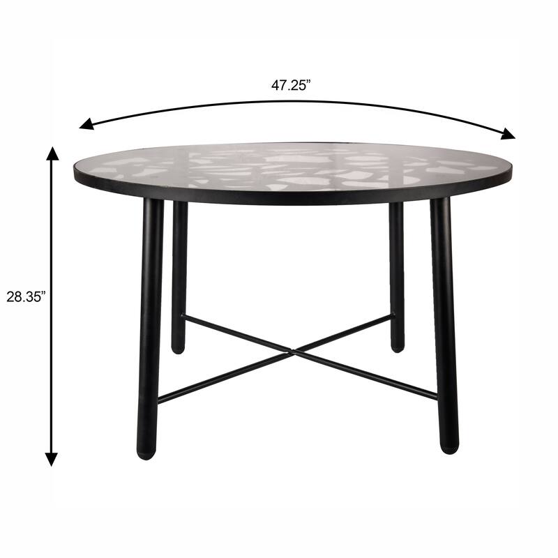 Devon Outdoor Round Aluminum Patio Dining Table with Floral Cutout Design, Tempered Glass Tabletop for Garden or Living Room
