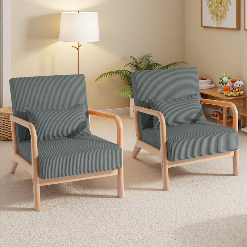 25" W Mid Century Upholstered Wood Accent Chair with Pillow set of 2