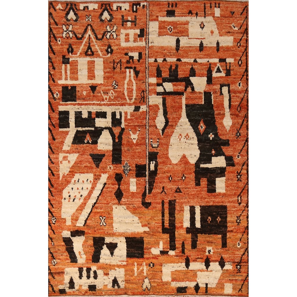 Geometric Moroccan Oriental Rug Hand-Knotted Orange Wool Carpet - 5'7" x 7'9"