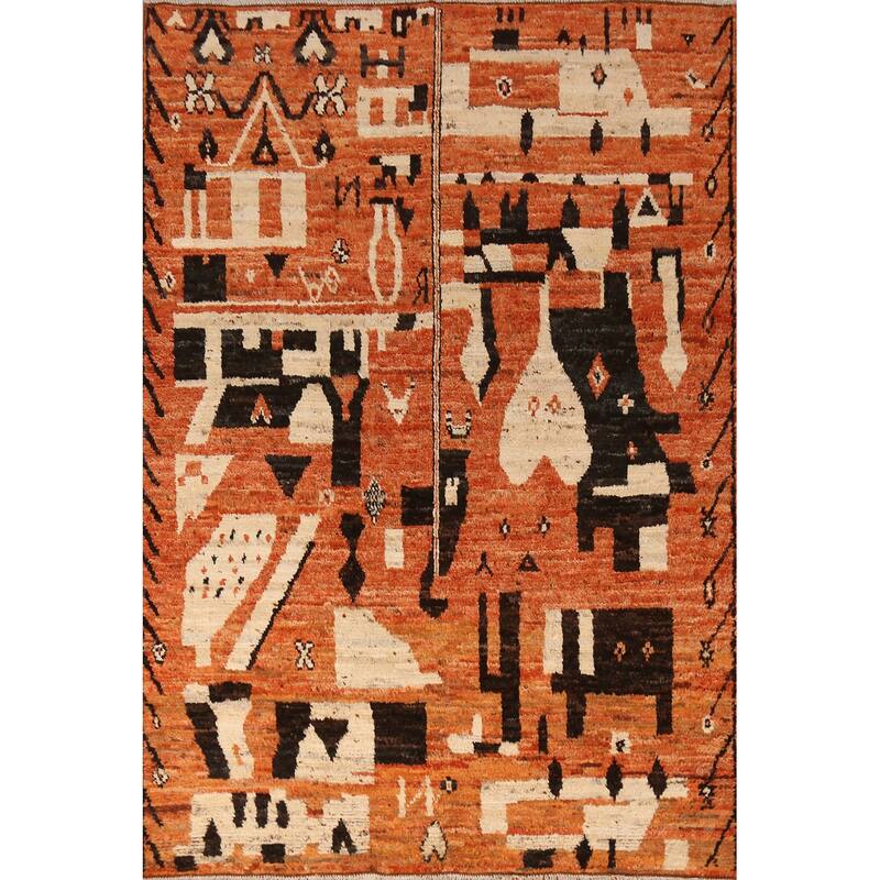 Geometric Moroccan Oriental Rug Hand-Knotted Orange Wool Carpet - 5'7" x 7'9"