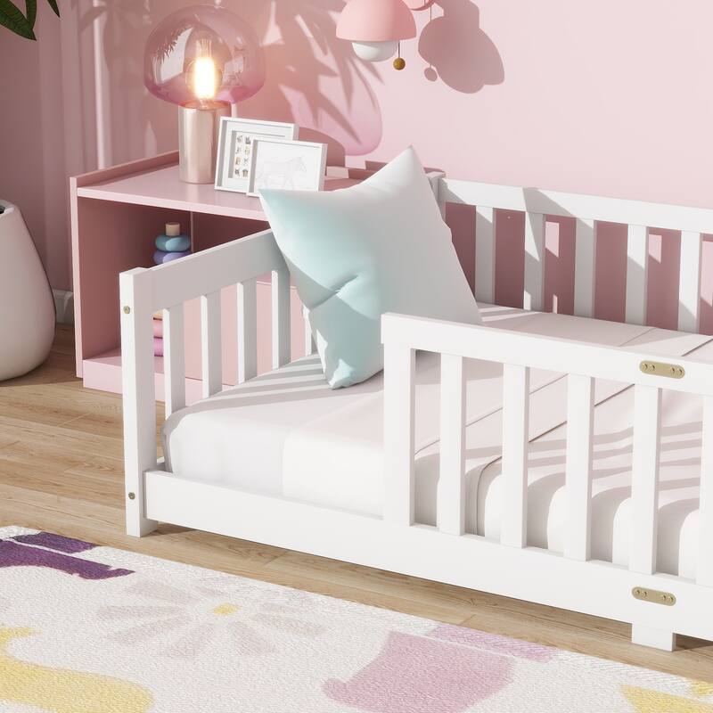 Rubber Wood Twin Size Floor Bed with Fence without Door