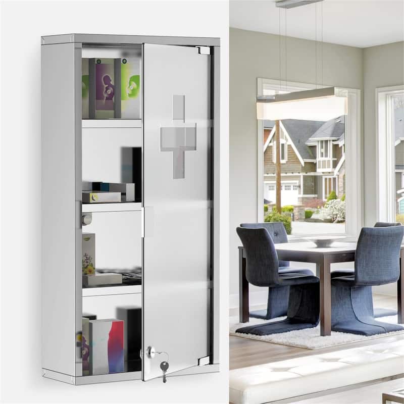 4 Tier Locking Wall Mounted Medicine Cabinet w/ Stainless Steel Frame
