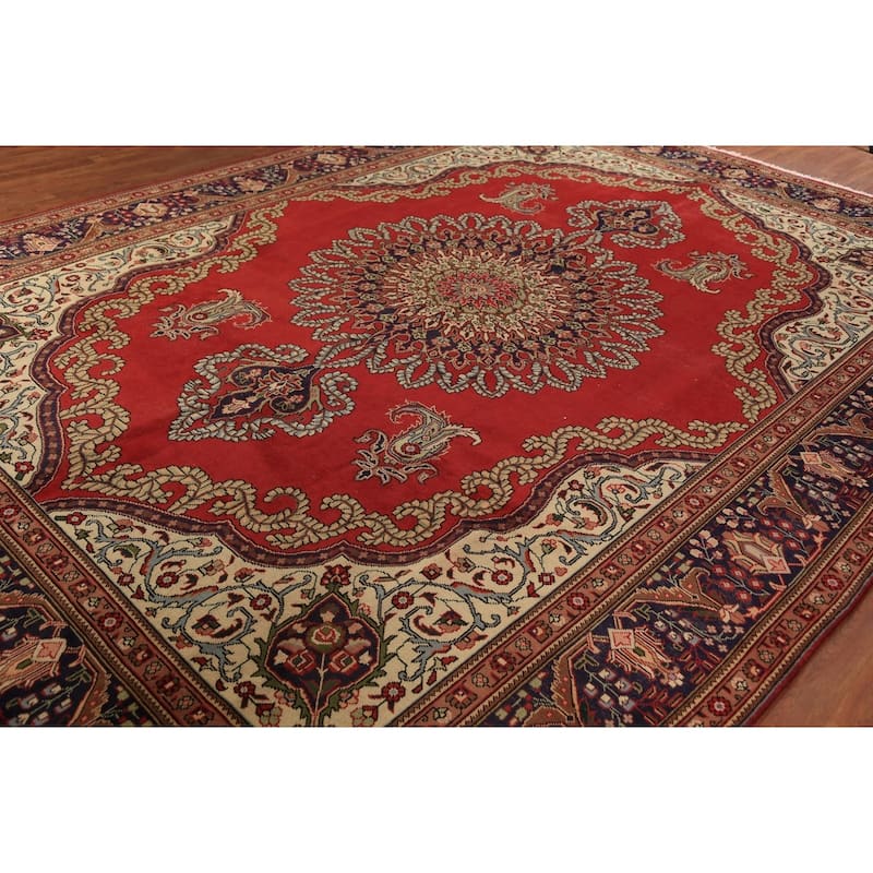 Red Medallion Tabriz Persian Vintage Area Rug Handmade Wool Carpet - 9'10" x 13'4"