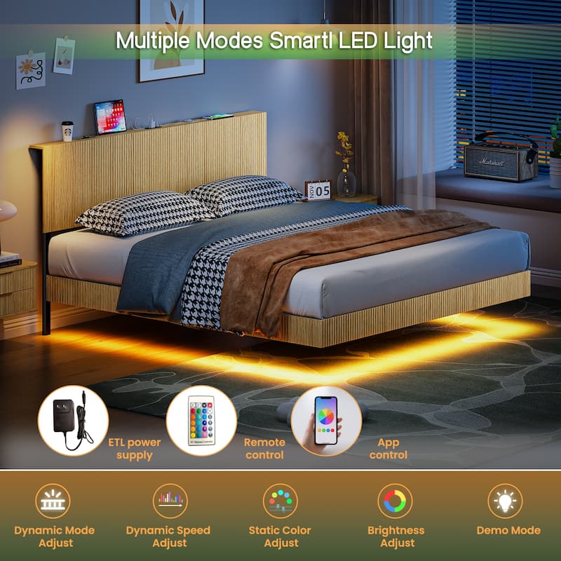 Floating Platform Bed with Charging Station and LED Lights, Wavy Headboard, Heavy-Duty Metal Slats, No Box Spring Required