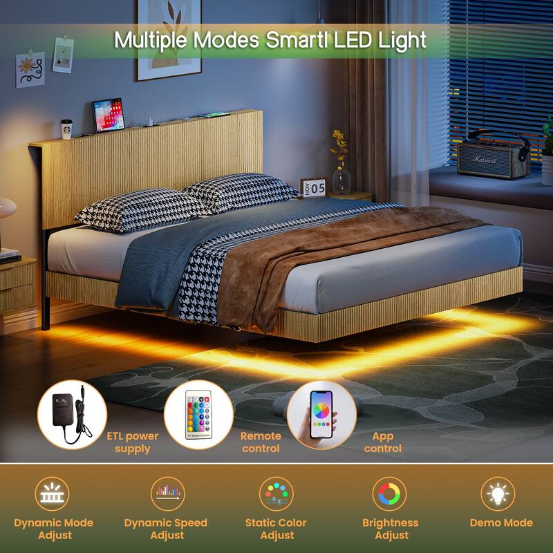 King Floating Bed Frame with LED Lights and Charging Station, Wavy Headboard, No Box Spring Needed
