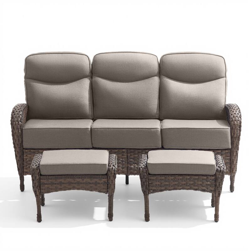 Pocassy Outdoor Wicker Patio Sofa with Ottomans