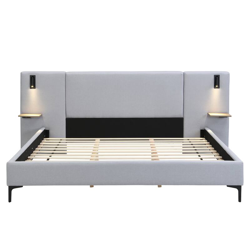 Chic Queen/King Size Upholstered Platform Bed with Oversized Headboard, Linen Fabric Bedframe with Integrated Lights and Shelves - Grey - King