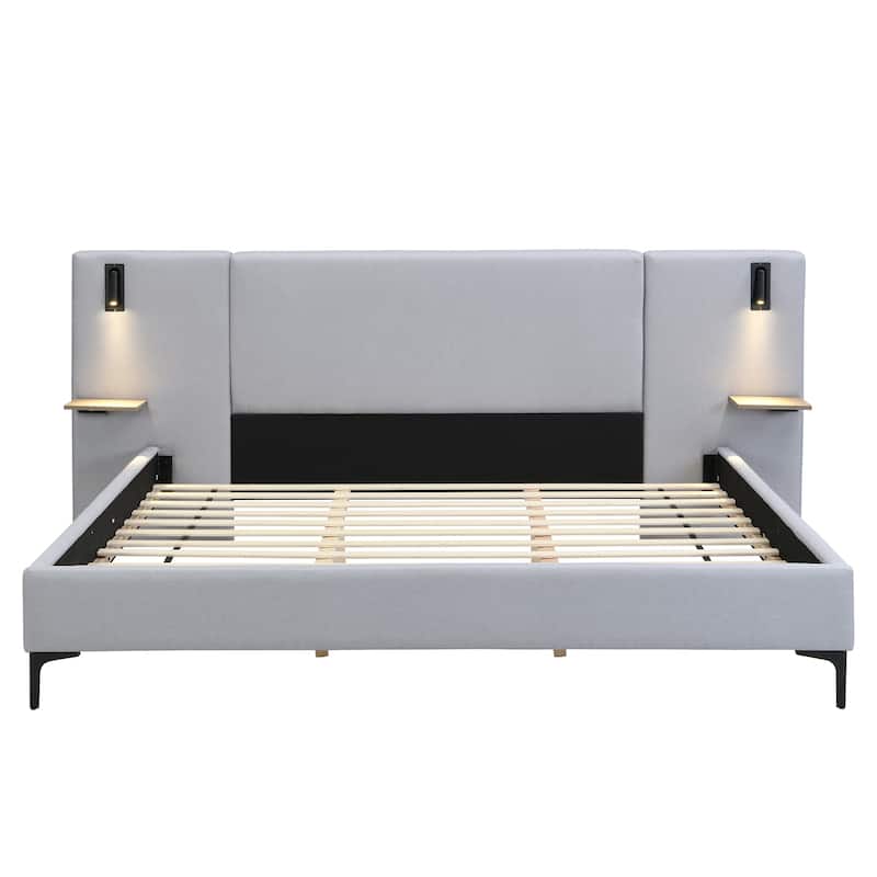 Linen Upholstered Bed Wingback Bed with Bedside Lights and Convenient Shelves Storage Bed Platform Bed with Iron Legs