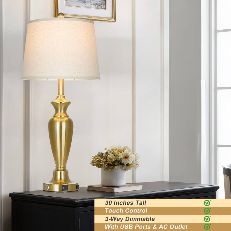 Set of 2 Modern 28-Inch Table Lamps with Built-in Night Light, USB Ports & AC Outlet - 13'' x 13'' x 30''