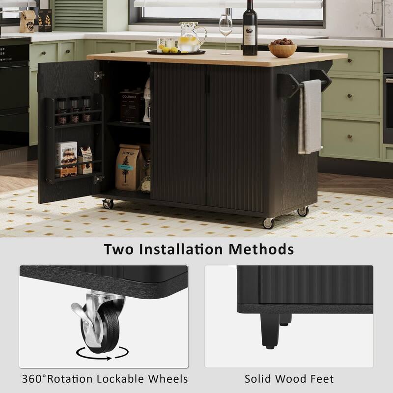 Fluted Kitchen Island with Drop Leaf, Mobile Kitchen Island on Locking Wheels, Rolling Kitchen Cart with Towel Rack