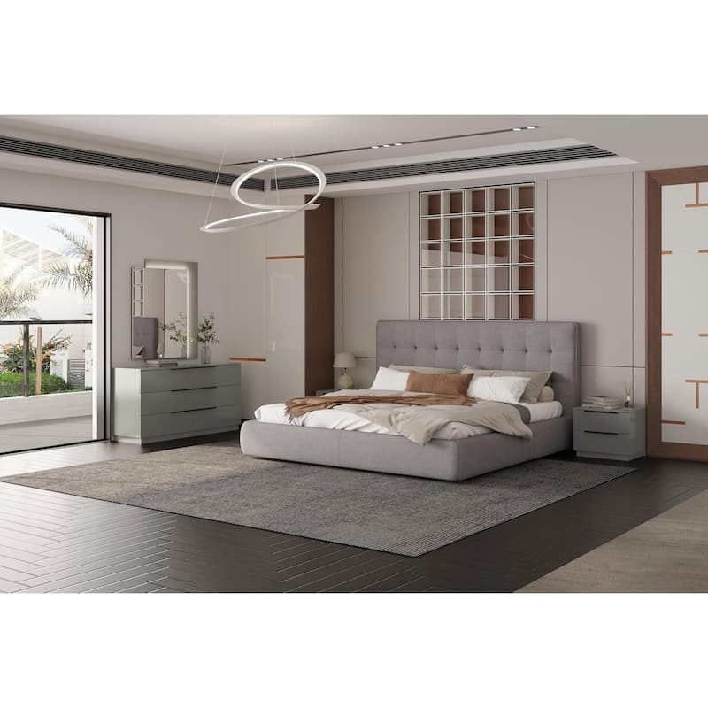 King Size Bed, Fully Upholstered Grey Fabric, Padded Square Headboard, Modern Bedroom Furniture