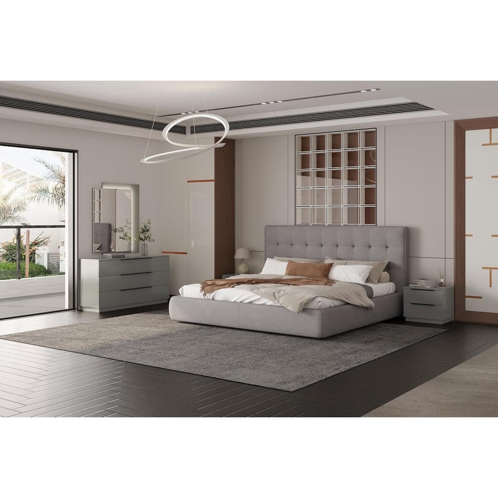 King Size Bed, Fully Upholstered Grey Fabric, Padded Square Headboard, Modern Bedroom Furniture