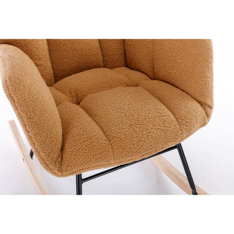 Teddy Fabric Upholstered Glider Rocker, Reading Chair with Thick Padded Seat, High Backrest Armchair with Wooden Legs