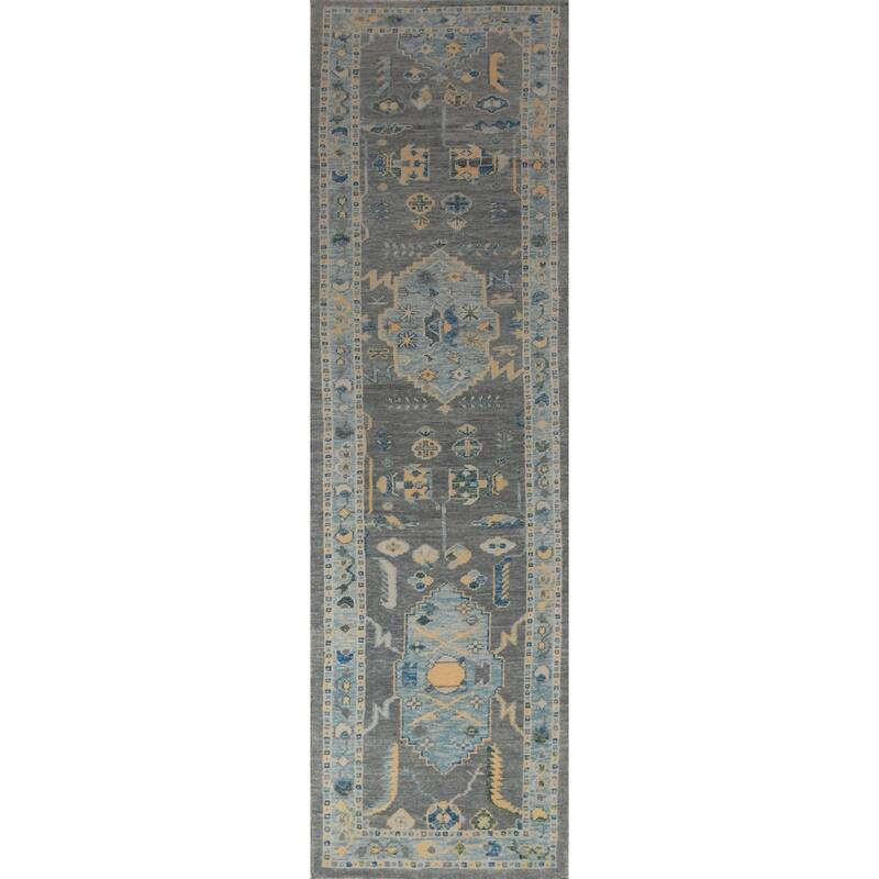 Hand Knotted Oriental 100% Wool Carpet Transitional Geometric Greys & Charcoal Oushak Runner Rug - 15' 0'' X 3' 2''