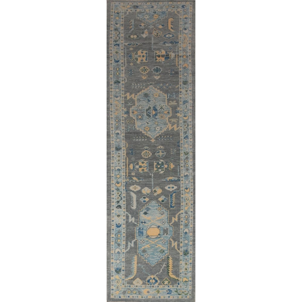 Hand Knotted Oriental 100% Wool Carpet Transitional Geometric Greys & Charcoal Oushak Runner Rug - 15' 0'' X 3' 2''