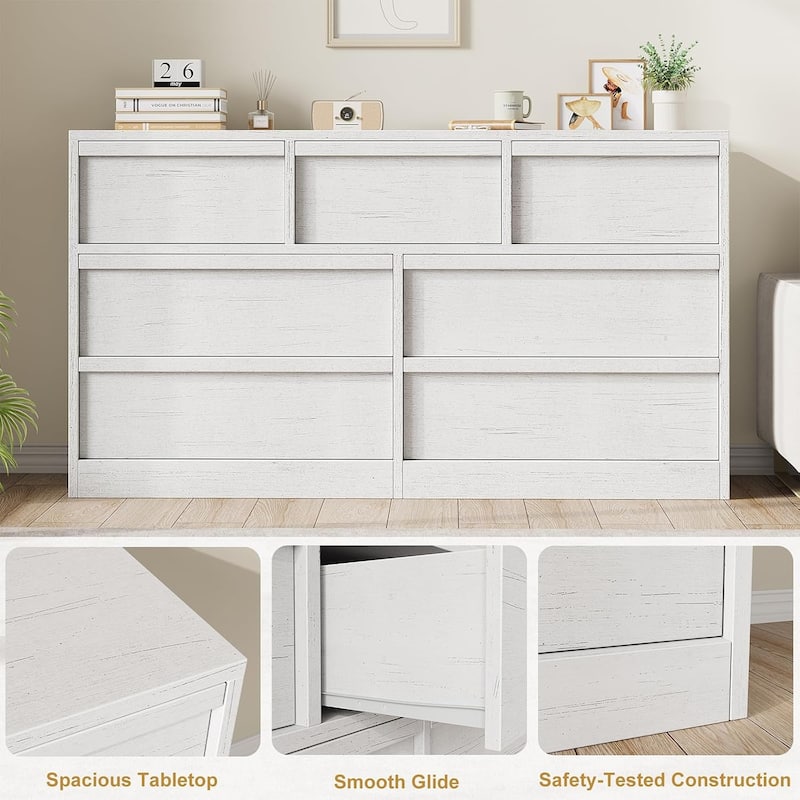 Modern Double Dresser Organizer with Large Storage, Wooden Chest of Drawers - White - 7-drawer