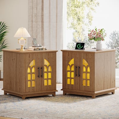 Nightstand with Charging Station, Wooden Bedside Table with LED Light
