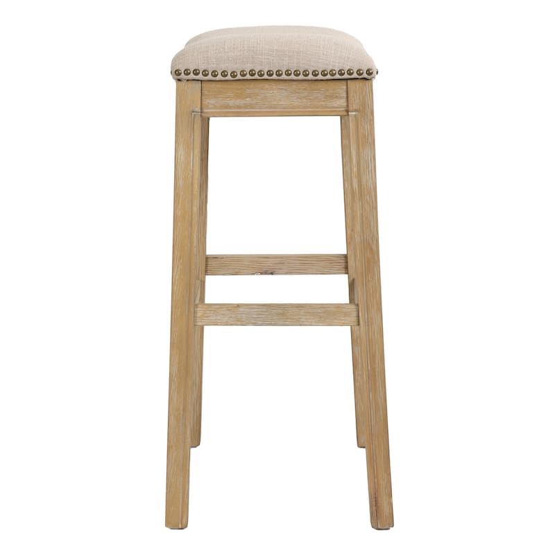 Linen Saddle Seat Bar Stool with Nail Head Trim and Footrest - Natural-31-Inch