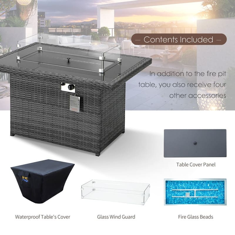 FINCATI Outdoor Wicker 43" Propane Fire Pit Table, 60,000 BTU Modern Luxury Rectangular Fire Pit Natural Gas Convertible