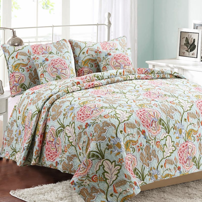 Cozy Line Aregada Floral Cotton 3-piece Reversible Quilt Bedding Set - King