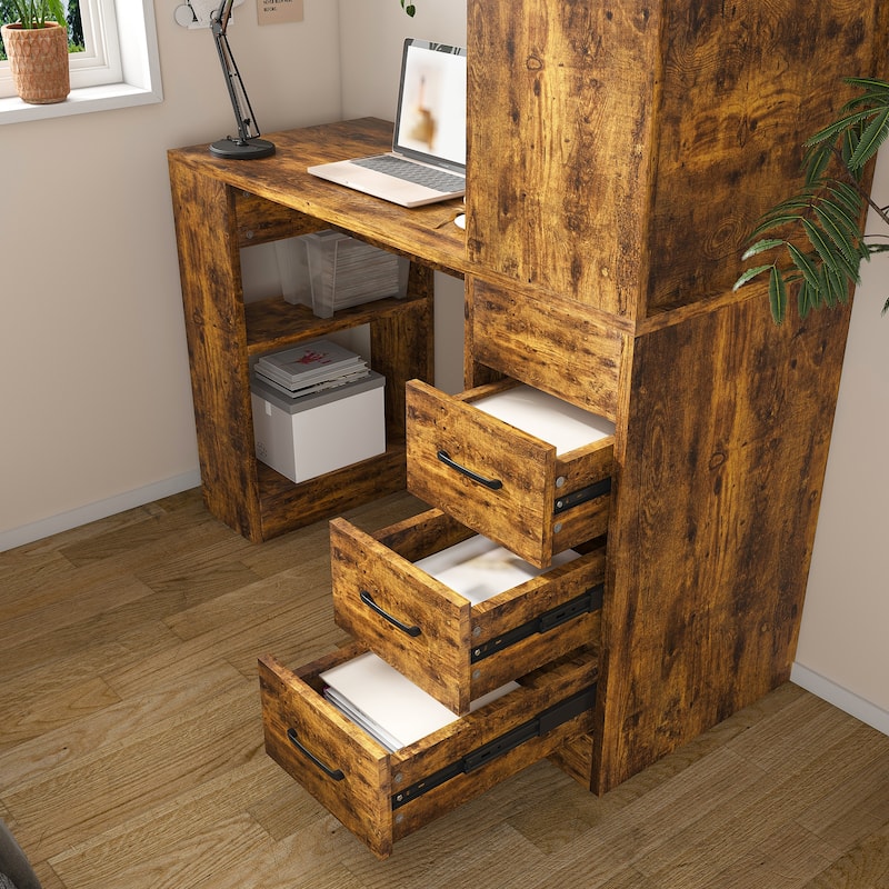 Computer Desk with 4-in-1 Socket & 3 Drawers, 4-Tier Storage Shelves, Carbonized Wood Finish Laminate for Home Office, Study