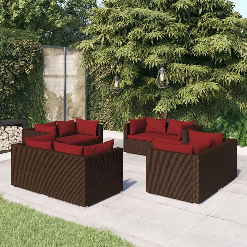 vidaXL Patio Lounge Set Outdoor Sectional Sofa Set Table Garden Poly Rattan - 27.6" x 27.6" x 24" - Brown/Cinnamon red 16 x Back pillow