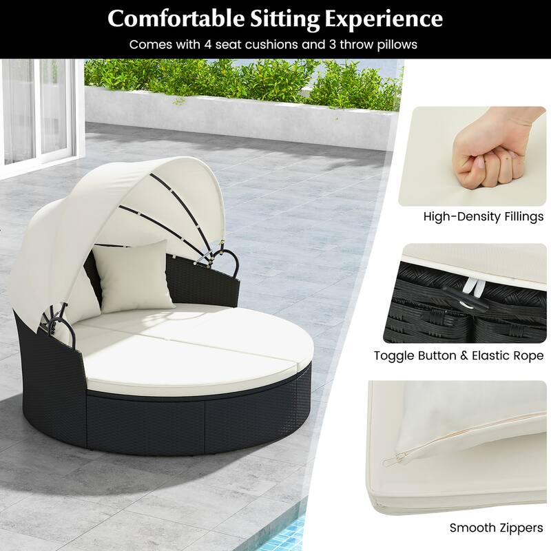 Gymax Patio Round Daybed Wicker Daybed w/ Retractable Canopy Separated