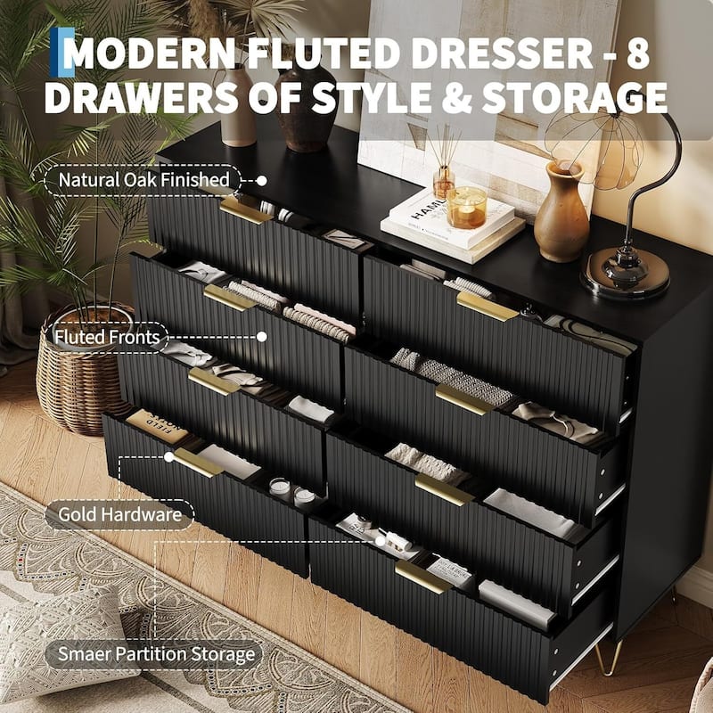 55" Wide Modern Fluted Dresser for Bedroom with 8 Drawers